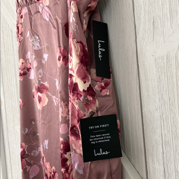 NWT Lulu's Fleur-ty Behavior Mauve Floral Satin Tie-Strap Midi Dress - Picture 5 of 8